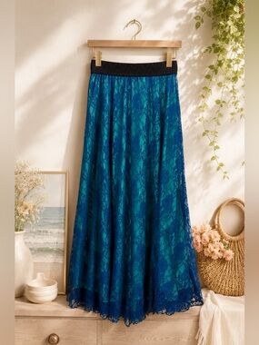 LuLaRoe Teal and Blue Lace Maxi Skirt